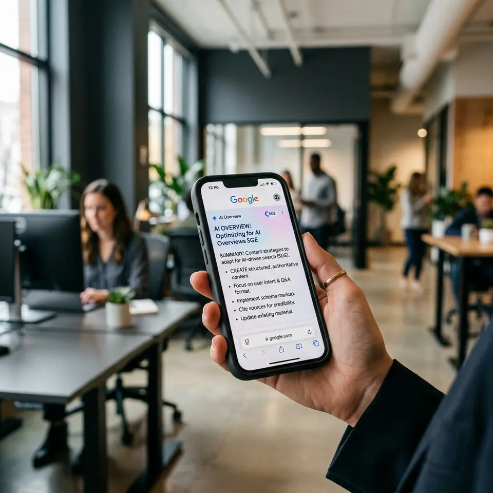 Candid B2B editorial illustration representing: How to Optimize for AI Overviews (SGE) Without Losing Traditional Traffic