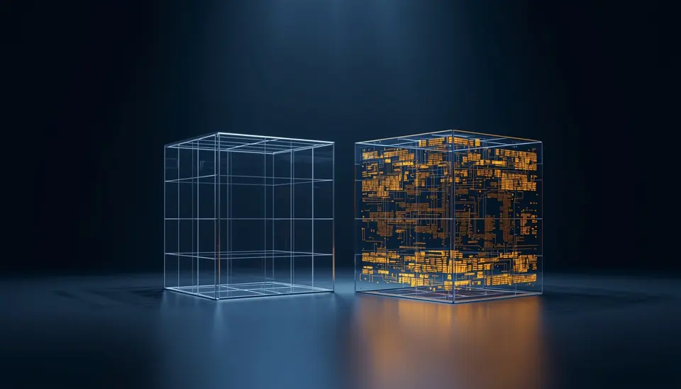Conceptual illustration comparing an empty wireframe cube representing CSR with a solid data-filled cube representing SSR.