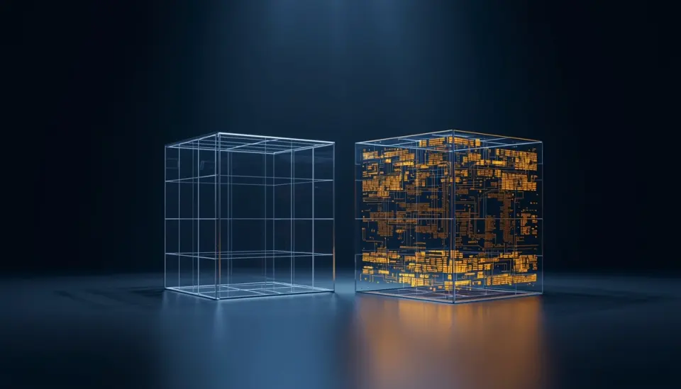 Conceptual illustration comparing an empty wireframe cube representing CSR with a solid data-filled cube representing SSR.