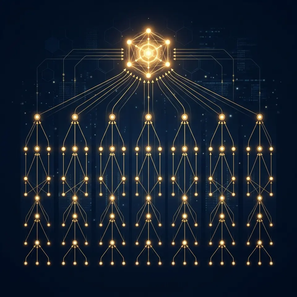 Conceptual illustration of rigid semantic siloing with gold nodes flowing upward to a central hub.