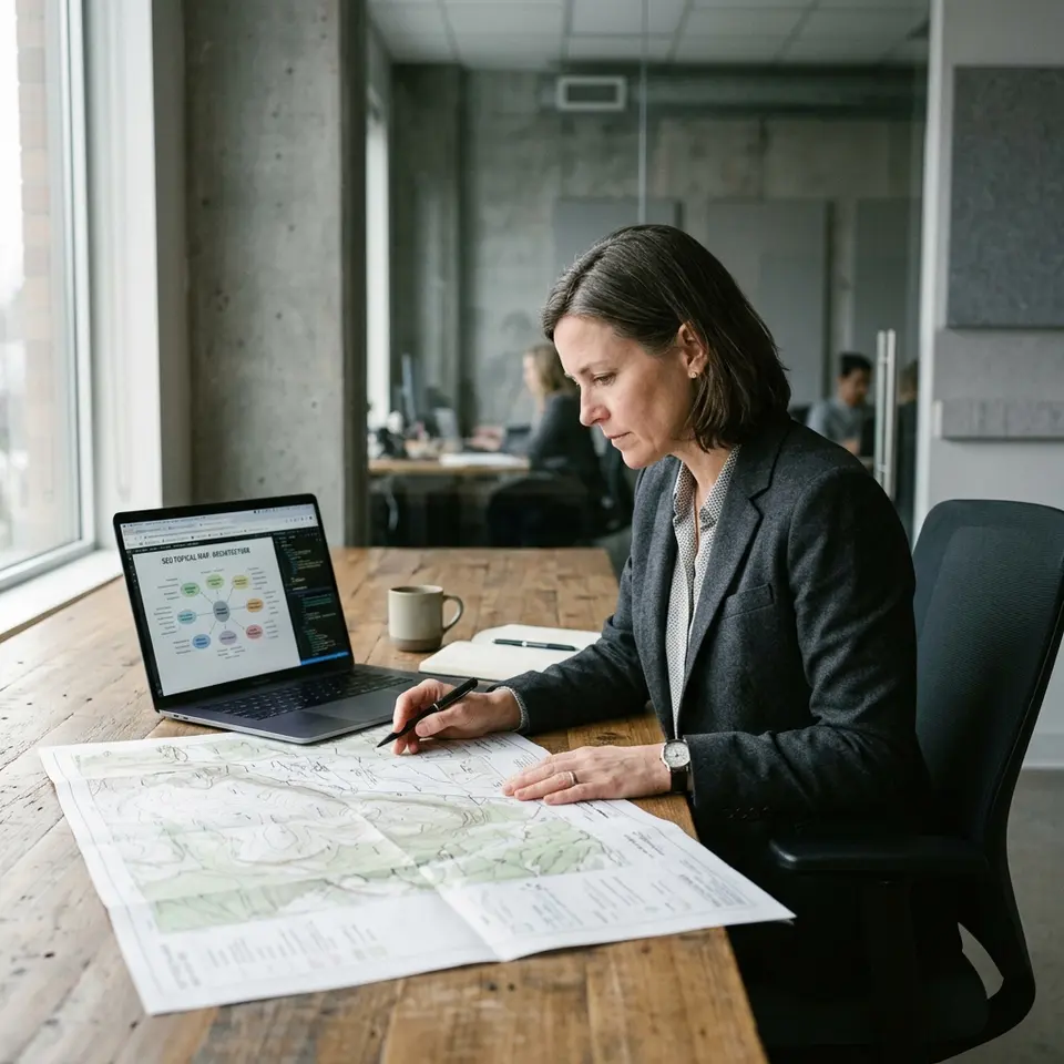 Candid B2B editorial illustration representing: What Is a Topical Map? The Blueprint for Outranking High-DR Competitors