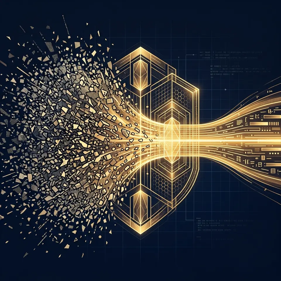 Conceptual illustration of chaotic fragmented data nodes being filtered into a single organized beam, representing facet management.