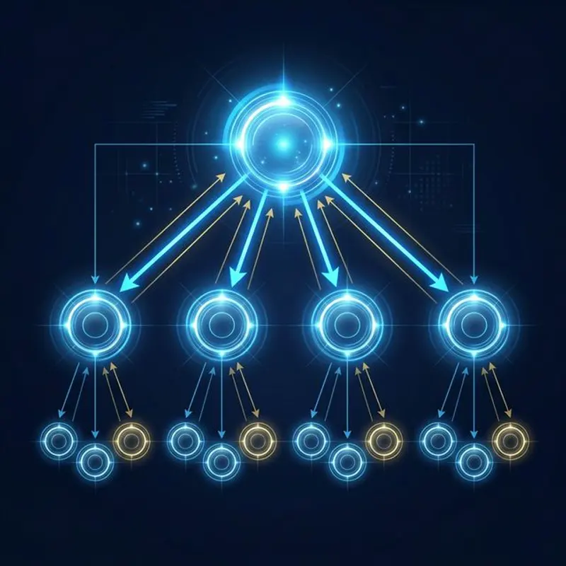PageRank flow diagram — arrows flowing from parent nodes to children and back upward in a hierarchical structure