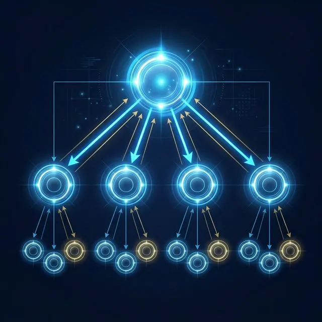 PageRank flow diagram — arrows flowing from parent nodes to children and back upward in a hierarchical structure