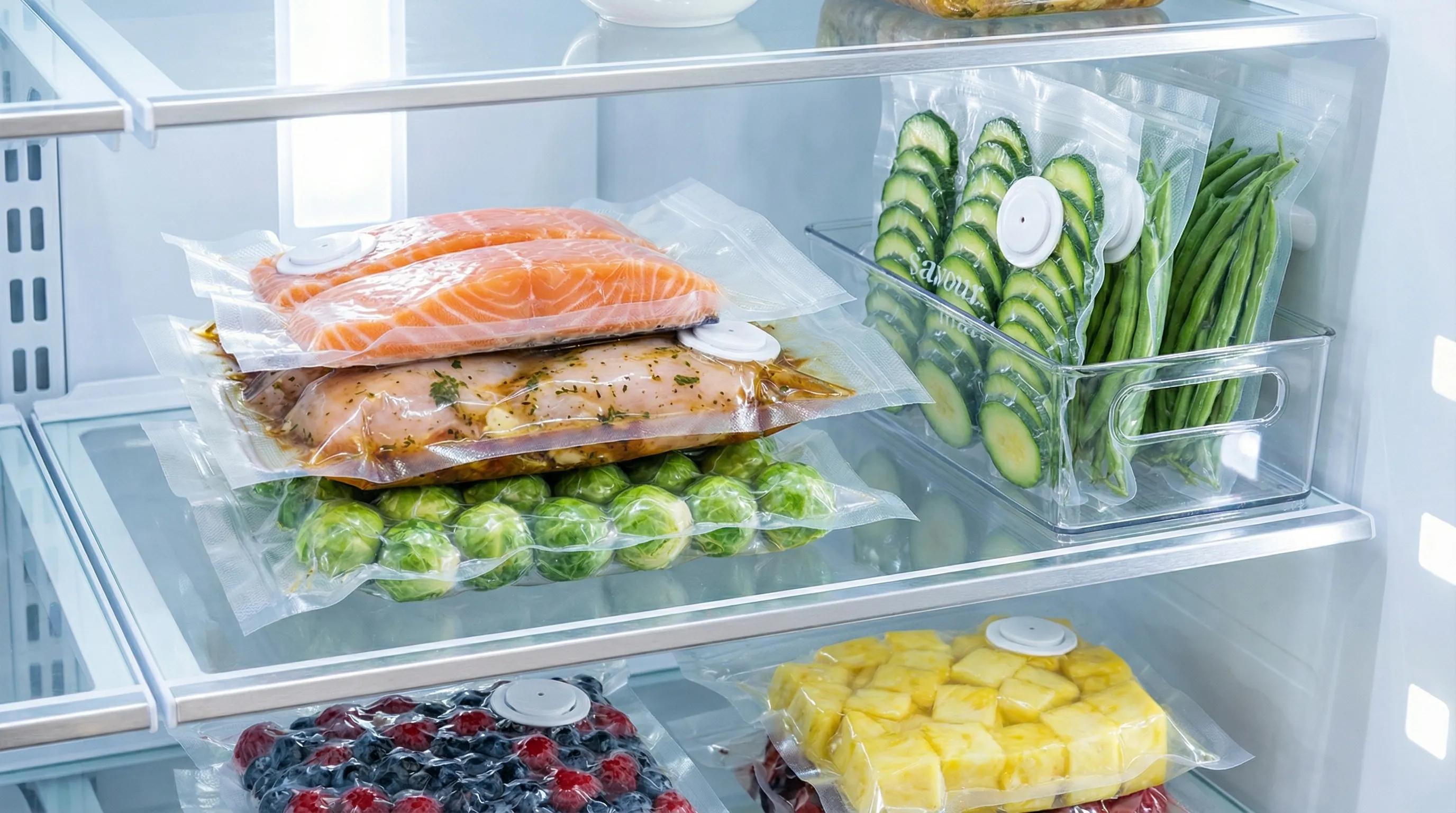 An organized refrigerator shelf filled with various foods, including salmon, chicken, vegetables, and fruit, all preserved in Savour Mate vacuum-sealed bags.