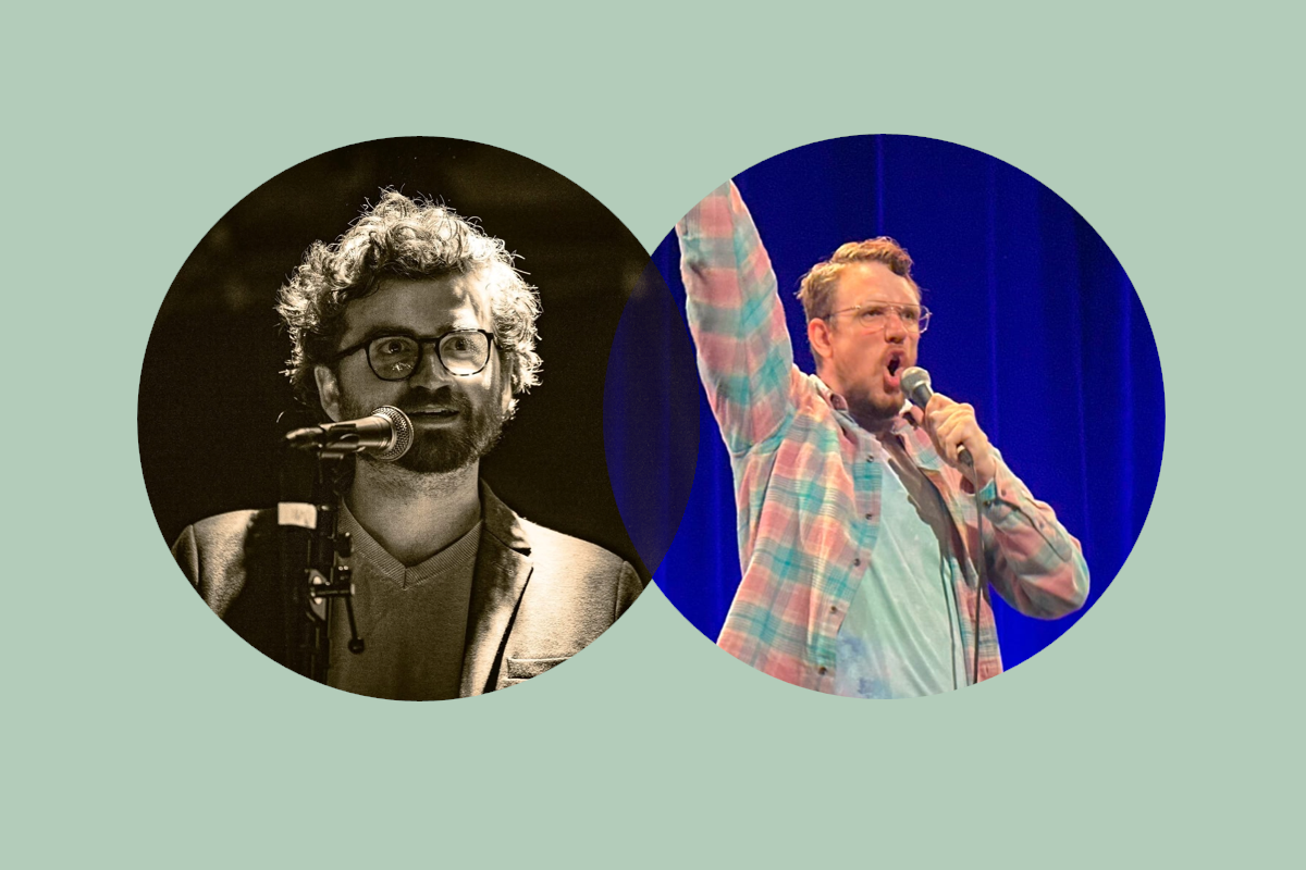 To sirkler med profilbilder av Johannes Aschim og Patrick Raugstad som fremfører i mikrofon.