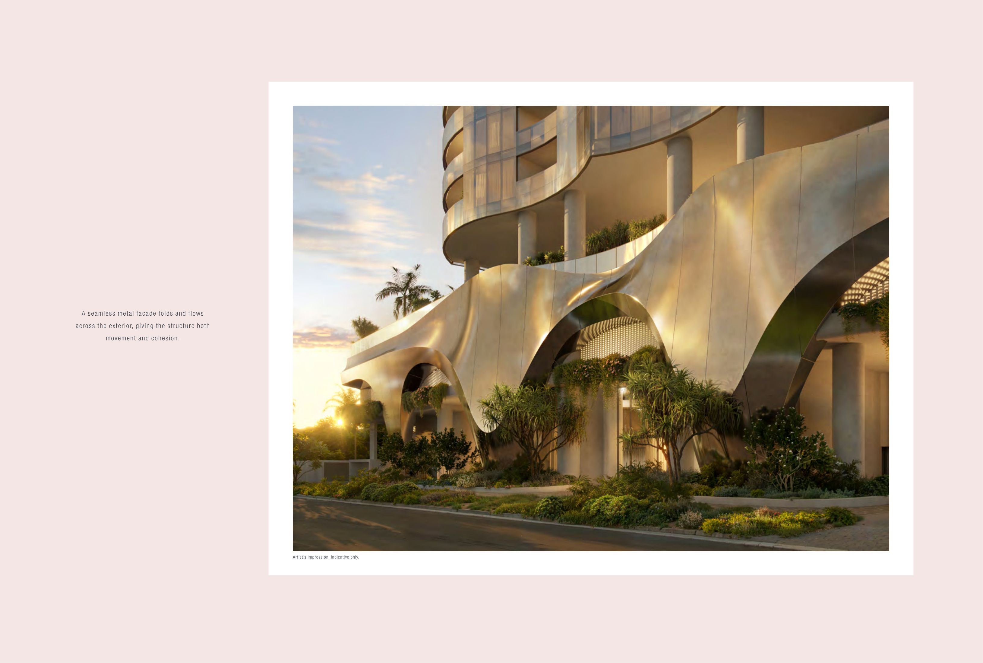 Reflective sculptural metal facade detailing reflecting natural coastal light at 18 Mary Avenue