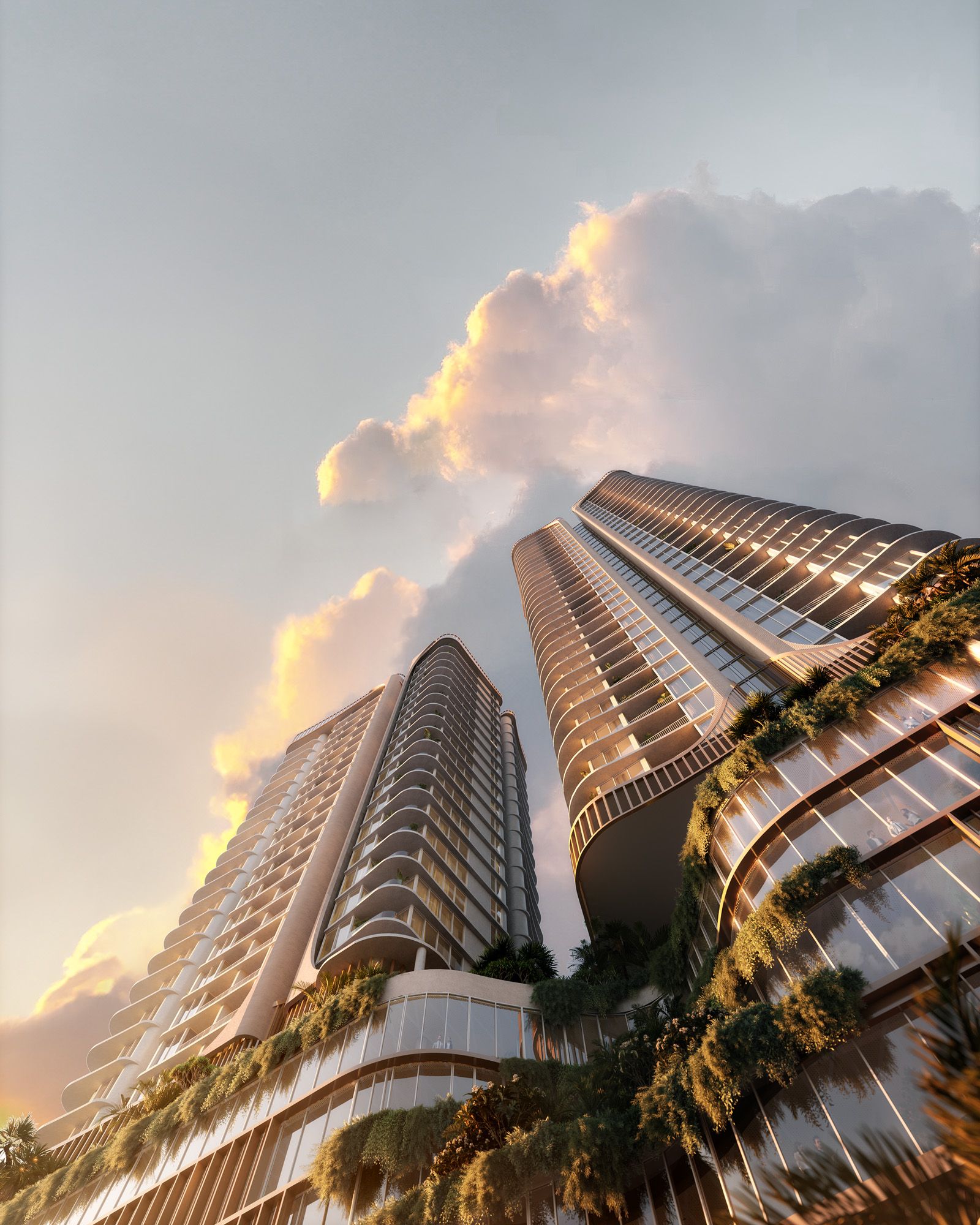 Twilight architectural view of The Landmark tower facade