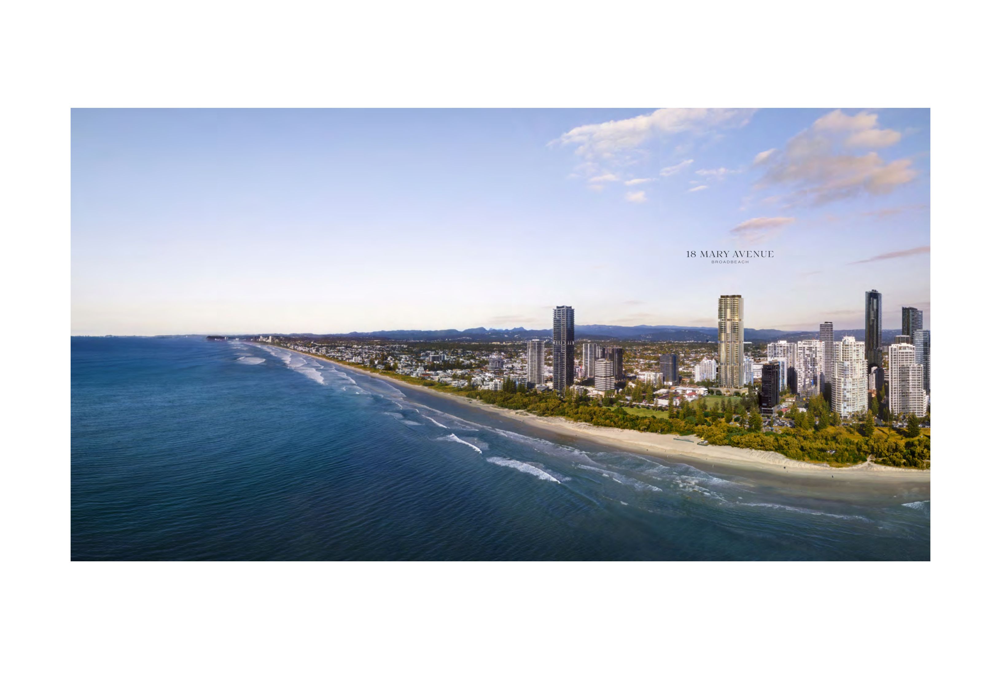 18 Mary Avenue Broadbeach sculptural tower exterior at dusk overlooking the Pacific Ocean