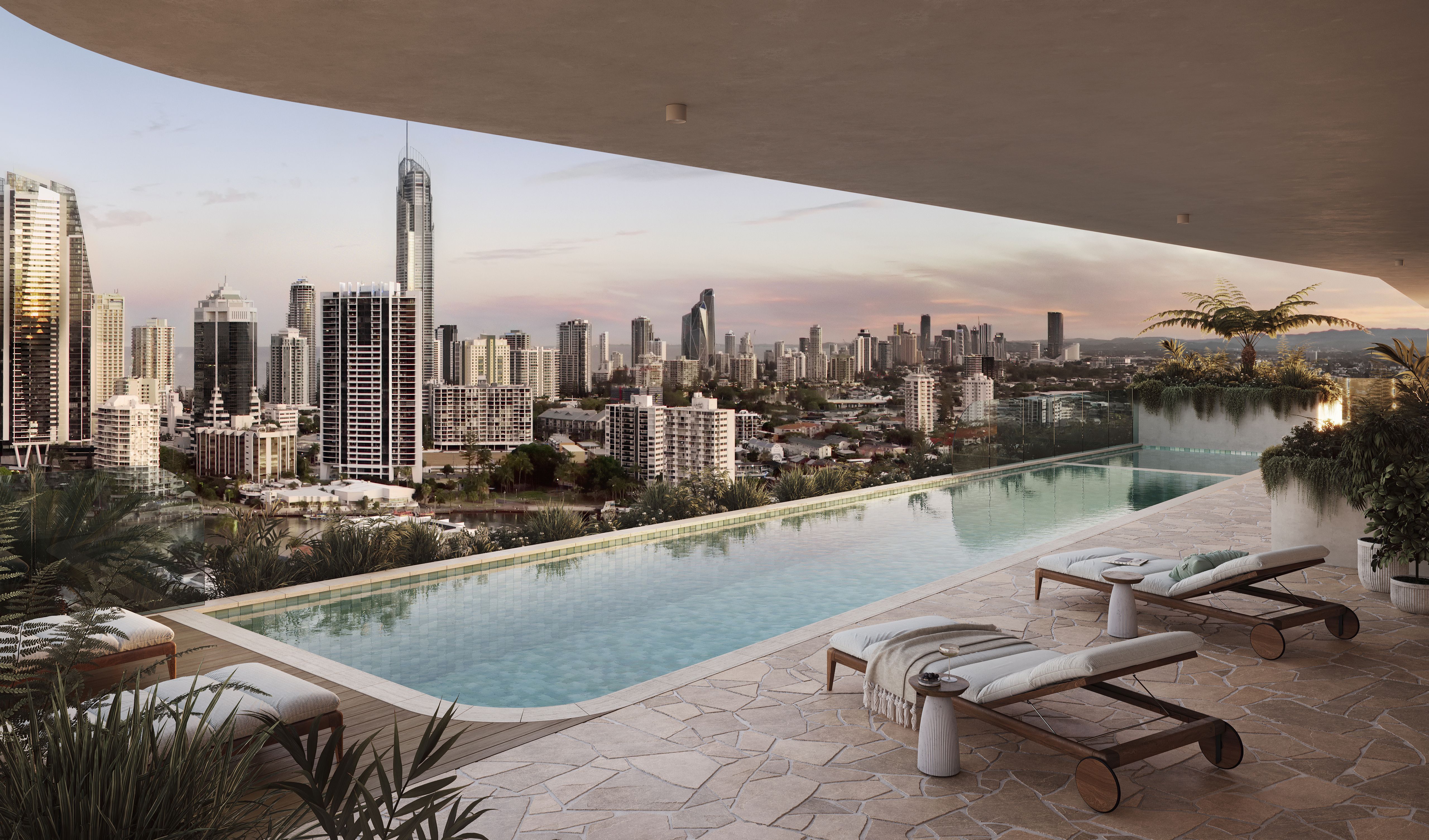 Rooftop wellness spa and lounge deck with 360-degree panoramic outlook