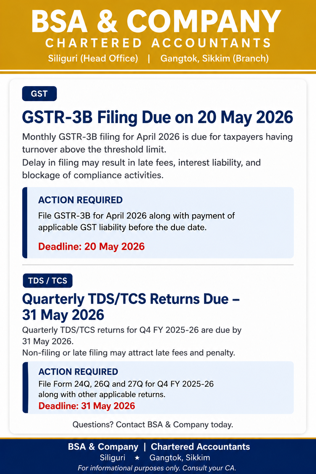 GST & TDS/TCS Compliance Due Dates – May 2026 | GSTR-3B & Q4 Return Filing Update