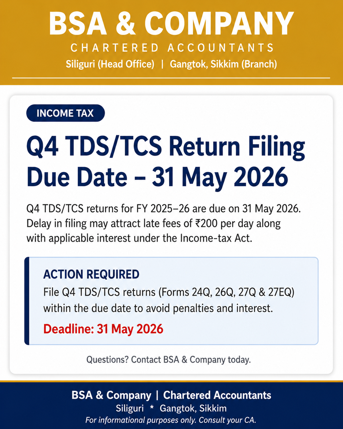 Q4 TDS/TCS Return Filing Due Date – 31 May 2026
