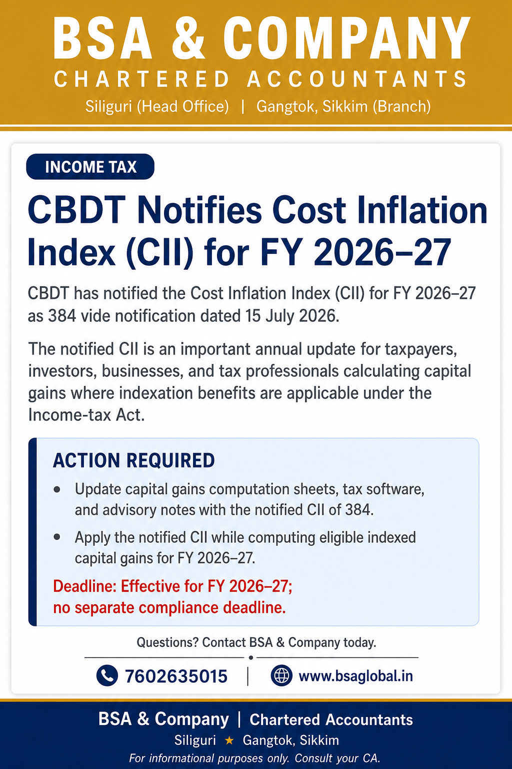 CBDT Notifies Cost Inflation Index (CII) of 384 for FY 2026–27