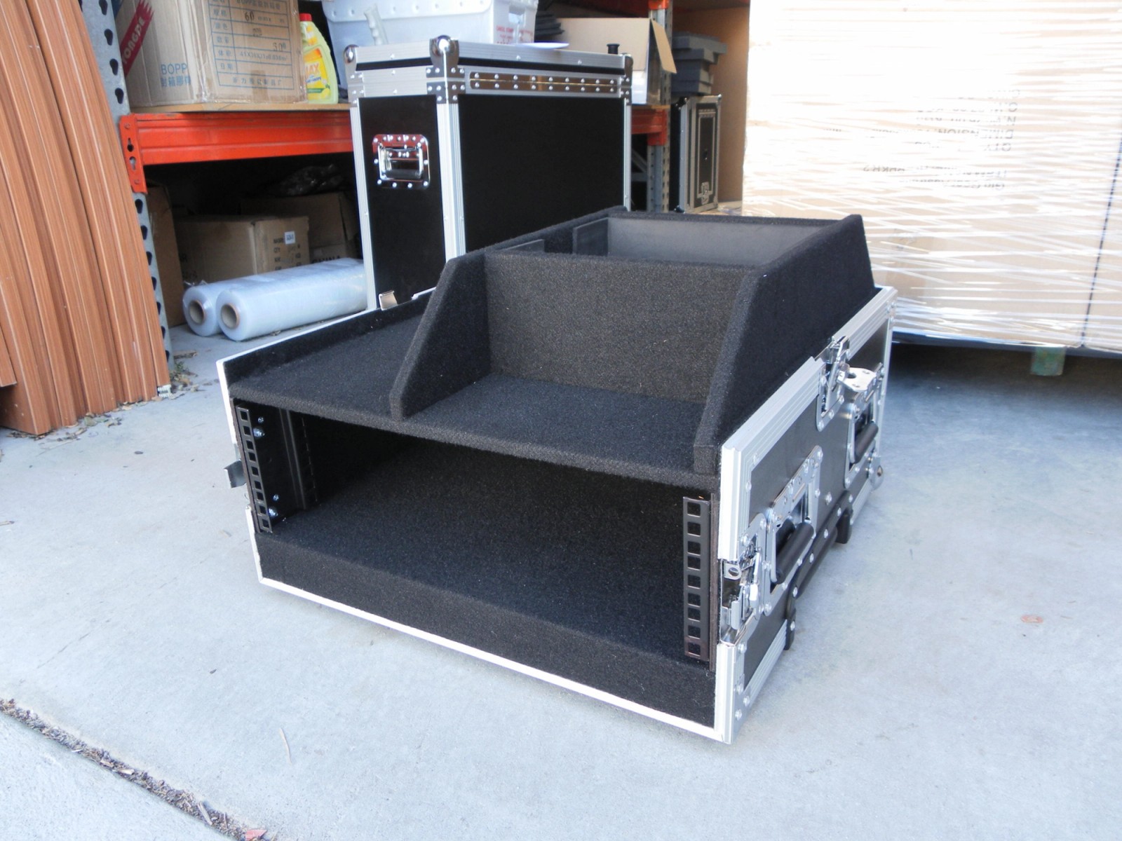 Small Custom Rack And Mixer Case With Hinged Trap Door On Wheels