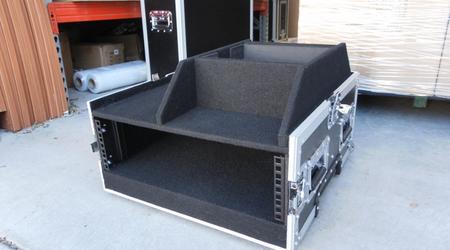 Small Custom Rack And Mixer Case With Hinged Trap Door On Wheels