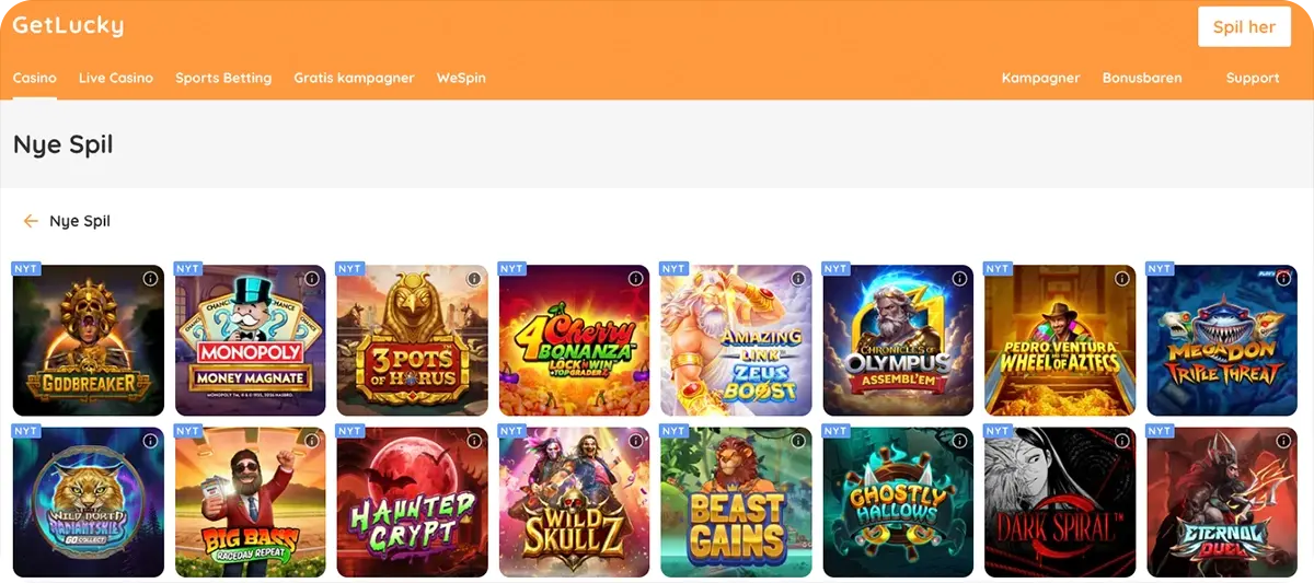 Nye spil på getlucky casino