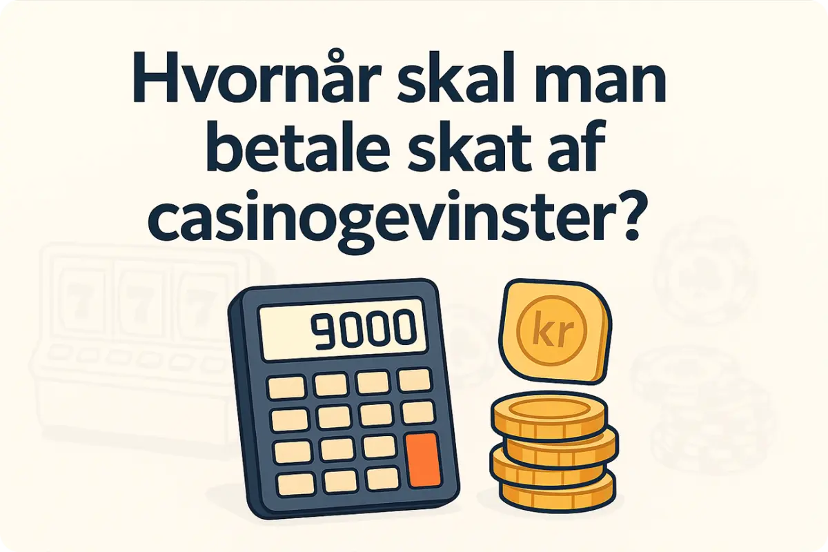 Banner med teksten "Hvornår skal man betale skat af casinogevinster?" over en tegnet lommeregner og danske mønter – symboliserer beregning af skat på casino-gevinster i Danmark.