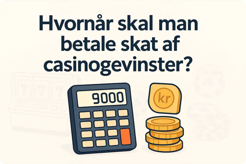 Banner med teksten "Hvornår skal man betale skat af casinogevinster?" over en tegnet lommeregner og danske mønter – symboliserer beregning af skat på casino-gevinster i Danmark.