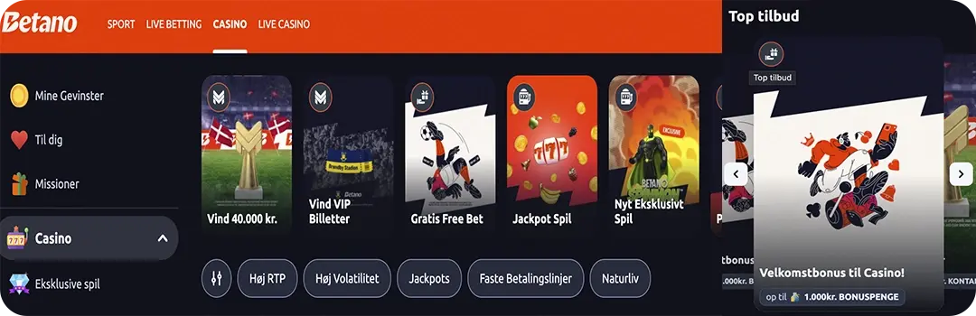 Betano casino kampagneside med velkomstbonus op til 1000 kr og visning af eksklusive spil, jackpots og missionsfunktioner