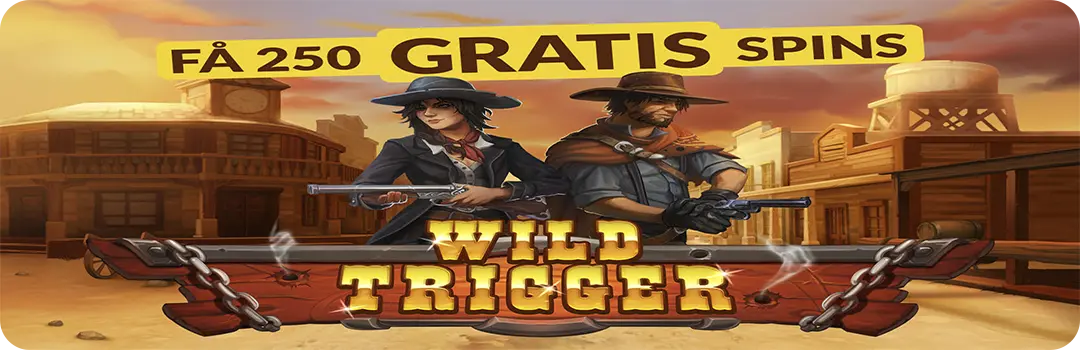 Kampagnebanner fra VinderCasino med tilbud om 250 gratis spins uden indbetaling til spillemaskinen Wild Trigger.