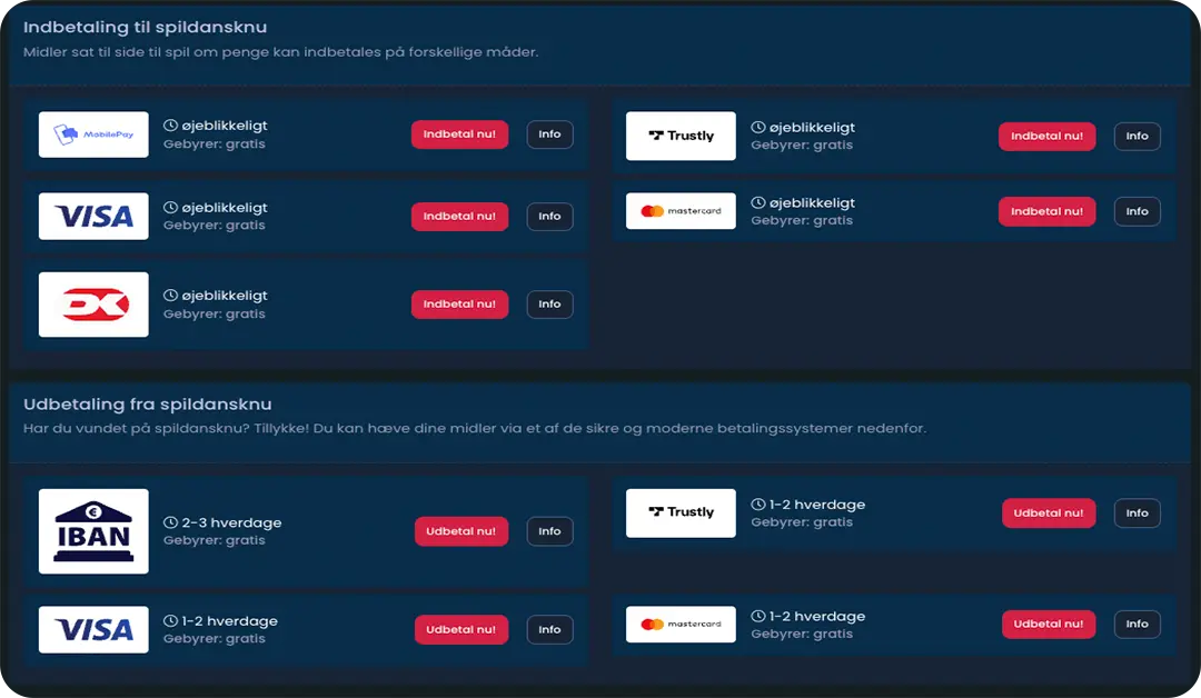 Spildansknu betalingsmetoder (ind- og udbetaling)