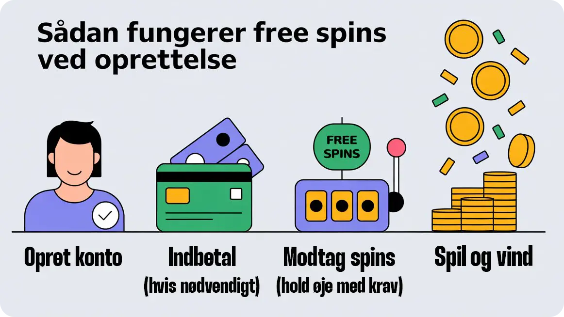 Infografik: Sådan fungerer free spins ved oprettelse på danske online casinoer – opret konto, indbetal hvis nødvendigt, modtag spins og spil for at vinde.