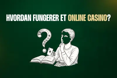 Illustration af en tænksom person foran et spørgsmålstegn med kort, jetoner og en spilleautomat – overskriften 'Hvordan fungerer et online casino