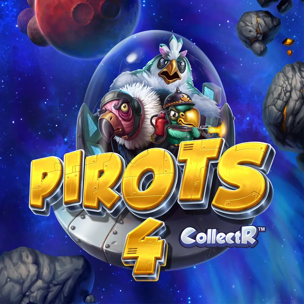 Illustration fra spilleautomaten Pirots 4 fra ELK Studios med tre farverige fugle i et rumskib omgivet af asteroider og planeter, med titlen "Pirots 4 CollectR" i store gule bogstaver.