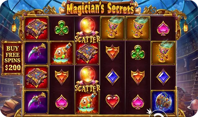 Skærmbillede af Magician’s Secrets spillemaskine med magiske symboler som bøger, trylledrikke, amuletter og scatter-kugler i en fortryllet biblioteksbaggrund.