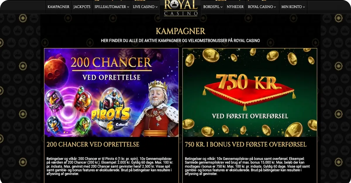 RoyalCasino - 100% op til 750 kr. + 200 gratis spins