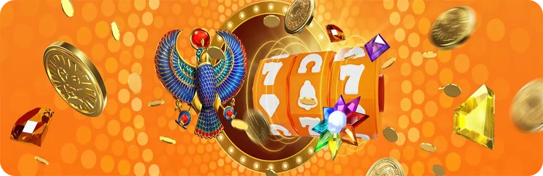 LeoVegas indbetalingsbonus kampagne med orange spilleautomat, egyptisk falk, juveler og guldmønter