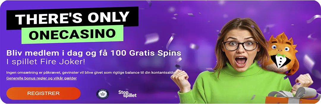 OneCasino kampagnebanner med tilbud om 100 gratis spins uden indbetaling til spillemaskinen Fire Joker.