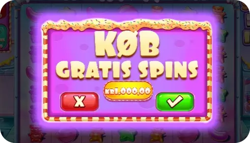 Skærmbillede fra spillemaskinen Sugar Rush 1000 med en pop-up, der viser muligheden for at købe gratis spins for kr. 1.000,00. Lyserød ramme og store bogstaver med teksten "KØB GRATIS SPINS".