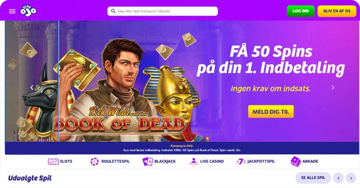 PlayOjo — Få 50 free spins til Book of Dead