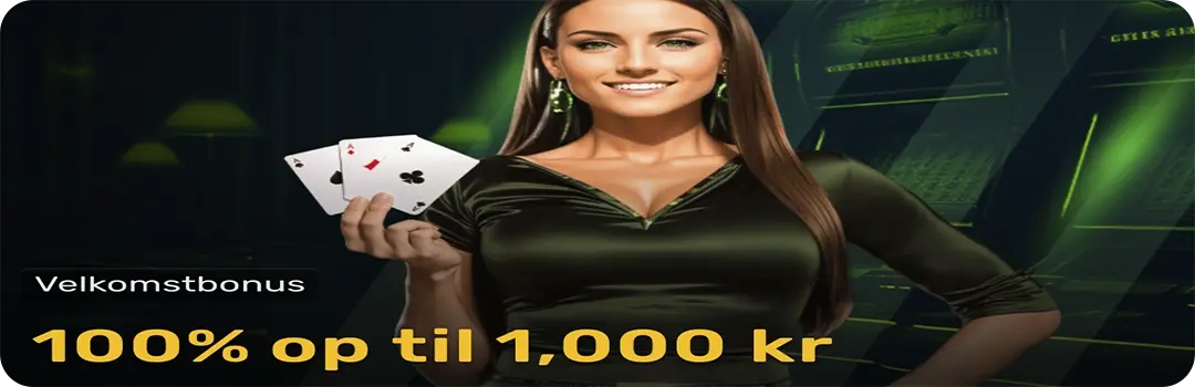 CampoBet indbetalingsbonus kampagne med 100 procent op til 1000 kr og kvindelig dealer med spillekort foran spillemaskiner