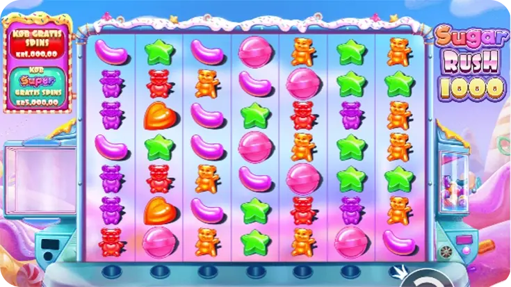 Screenshot fra spillemaskinen Sugar Rush 1000 af Pragmatic Play. Skærmen viser et 7×7 gitter fyldt med farverige sliksymboler som vingummibamser, stjerner, jelly beans og bolde. Til venstre ses muligheder for at købe gratis spins og super spins. Layoutet er sat i et sukkersødt, lyserødt univers med sliklandskab i baggrunden.