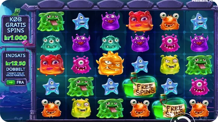 Screenshot fra Monster Superlanche spillemaskinen af Pragmatic Play. Billedet viser et 6×5 grid fyldt med farverige og animerede monstre samt flasker med “Free Spins”-etiket. Til venstre ses knapper til køb af gratis spins og aktivering af Ante Bet-funktion. Baggrunden er mørk og mystisk med et tegneserieagtigt laboratorietema.