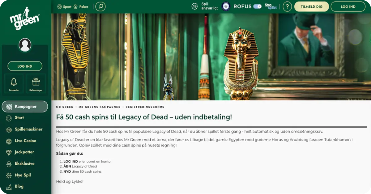 MrGreen - Få 50 gratis spins i dag til Legacy of Dead