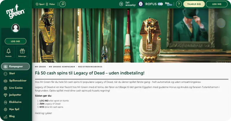MrGreen - Få 50 gratis spins i dag til Legacy of Dead