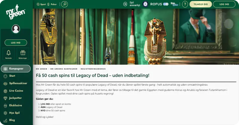 MrGreen - Få 50 gratis spins i dag til Legacy of Dead