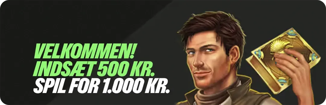 ComeOn indbetalingsbonus kampagnebanner med karakter fra Book of Dead og teksten "Indsæt 500 kr – spil for 1.000 kr"