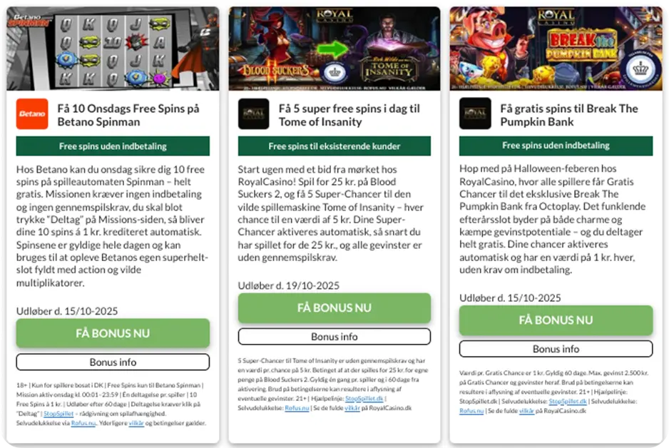 Eksempel på free spins i dag casino kampagner