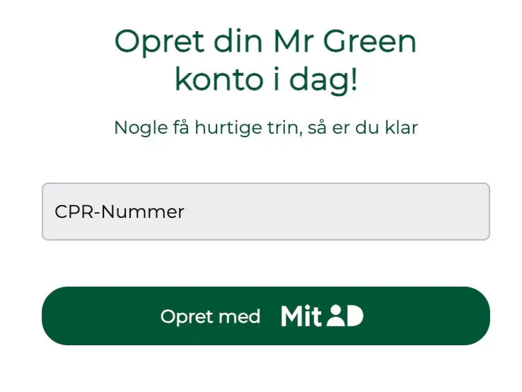 Registrering af konto hos Mr Green med MitID – trin for at oprette online casino konto ved indtastning af CPR-nummer.