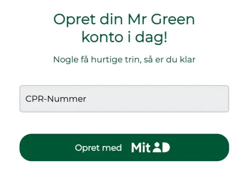 Registrering af konto hos Mr Green med MitID – trin for at oprette online casino konto ved indtastning af CPR-nummer.