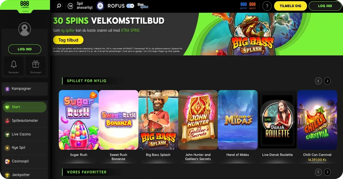 888Casino - Få 100 kr. gratis uden indbetaling + 30 free spins