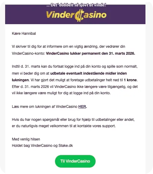 Email fra vindercasino omkring nedlukning