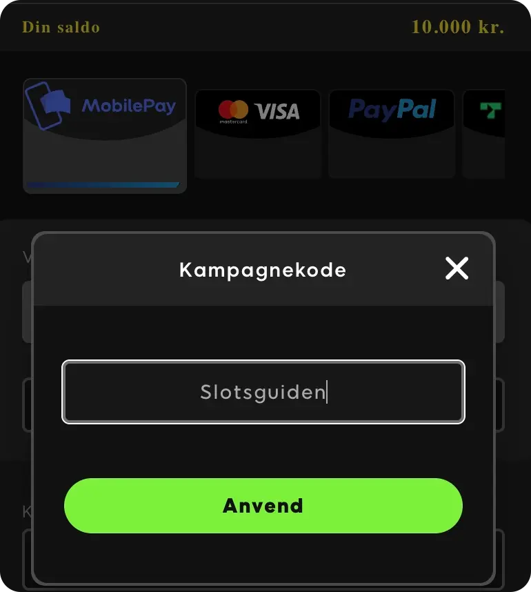 Eksempel på, hvor man indtaster bonuskode på 888casino