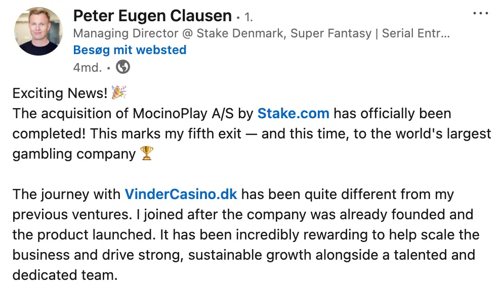 Direktør fra VinderCasino officielle melding vedrørende, at de er blevet opkøbt af Stake.com på Linkedin.