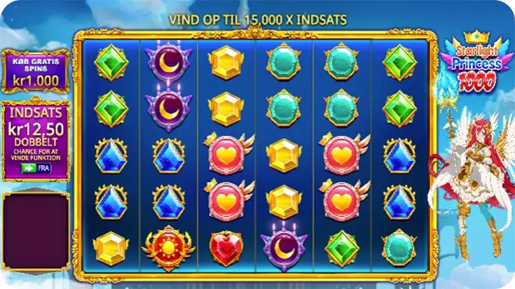 Screenshot fra spillemaskinen Starlight Princess 1000 udviklet af Pragmatic Play. Skærmen viser et 6×5 spillefelt med farverige symboler som hjerter, stjerner, måner og ædelstene. Til højre står prinsessen med vinger i en flyvende positur, og til venstre vises knapper for indsats og køb af gratis spins. Øverst står teksten “Vind op til 15.000x indsats”.