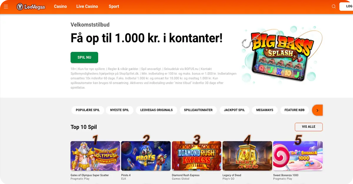 LeoVegas - Bedste mobil casino i Danmark 2026